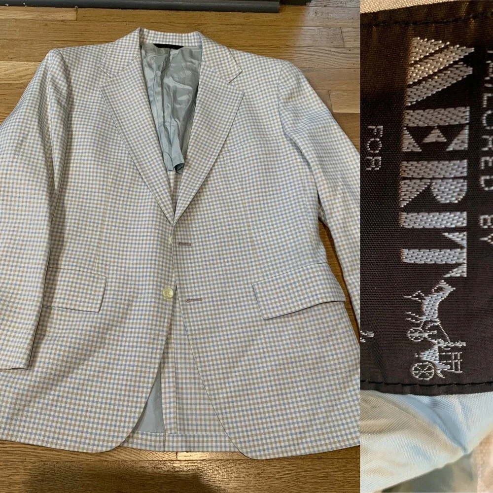 Vtg 70s Sports Coat White Blue Tan Check Plaid Merit Sz 46 Made USA 1/2 Lined